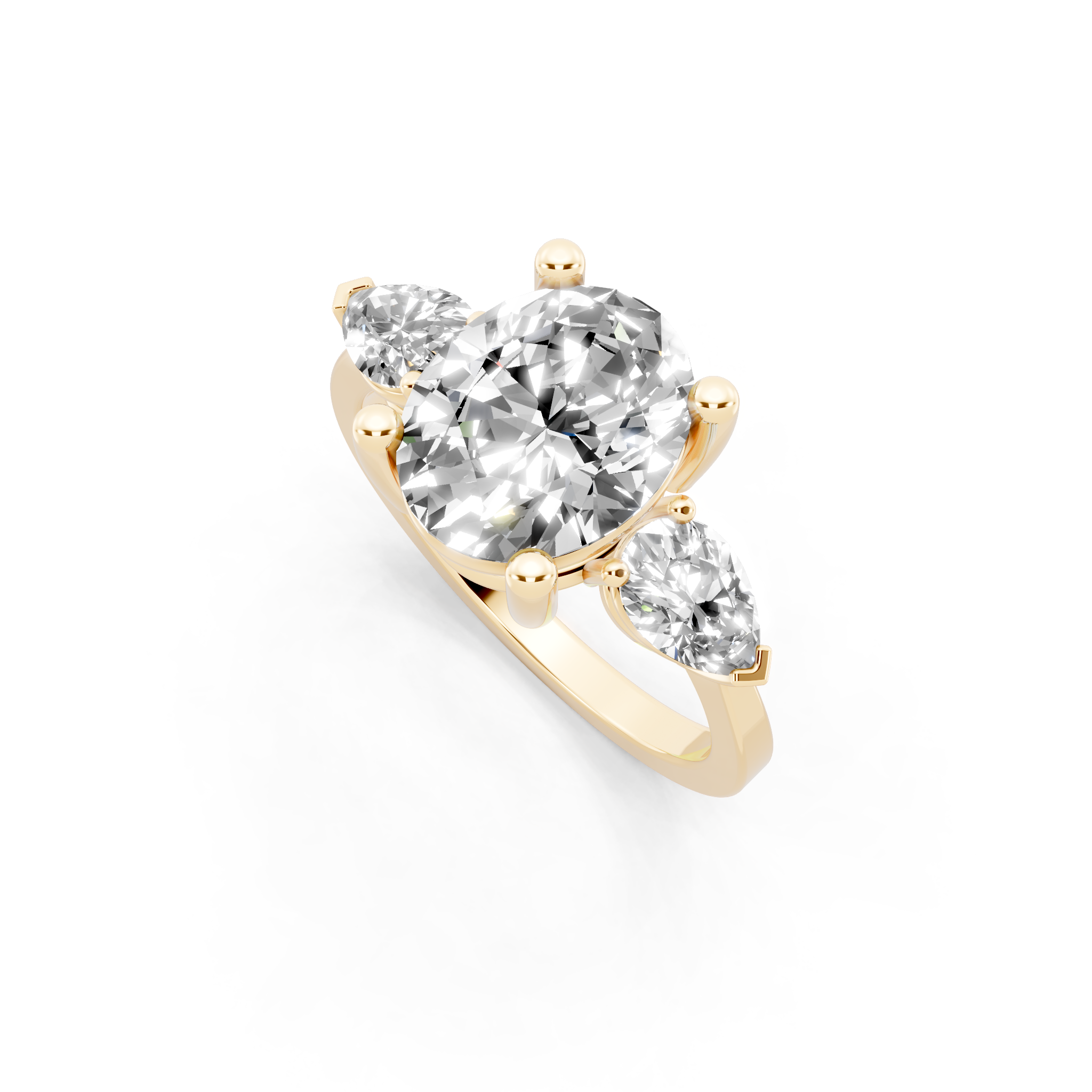 Antique Three Stone Lab Created Diamond Ring with Sculpted Round Center & Pear Side Accents