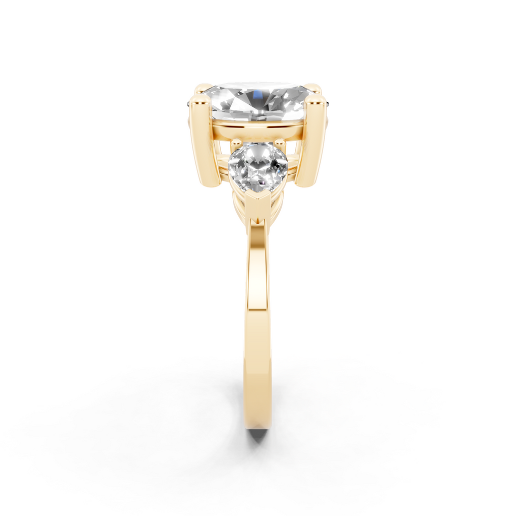 Antique Three Stone Lab Created Diamond Ring with Sculpted Round Center & Pear Side Accents