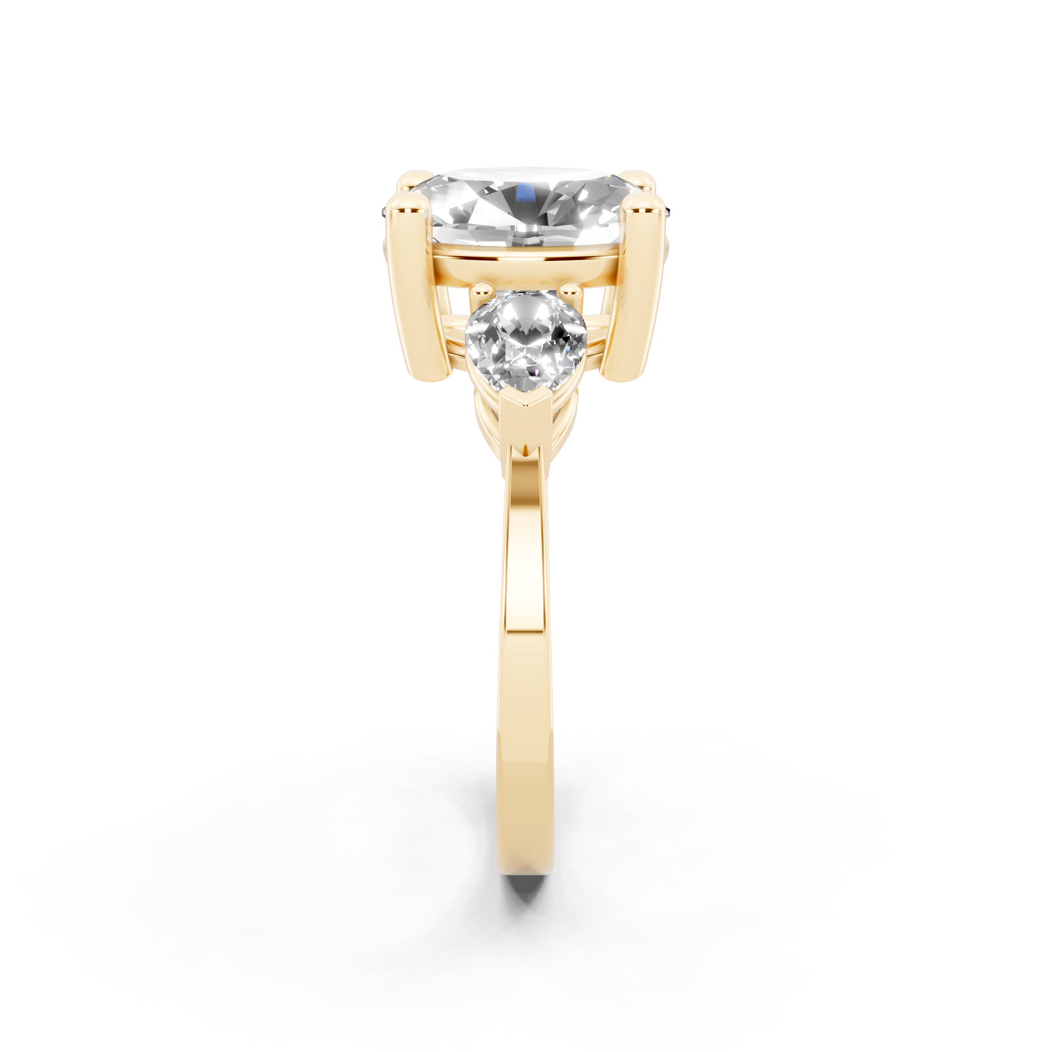 Antique Three Stone Lab Created Diamond Ring with Sculpted Round Center & Pear Side Accents