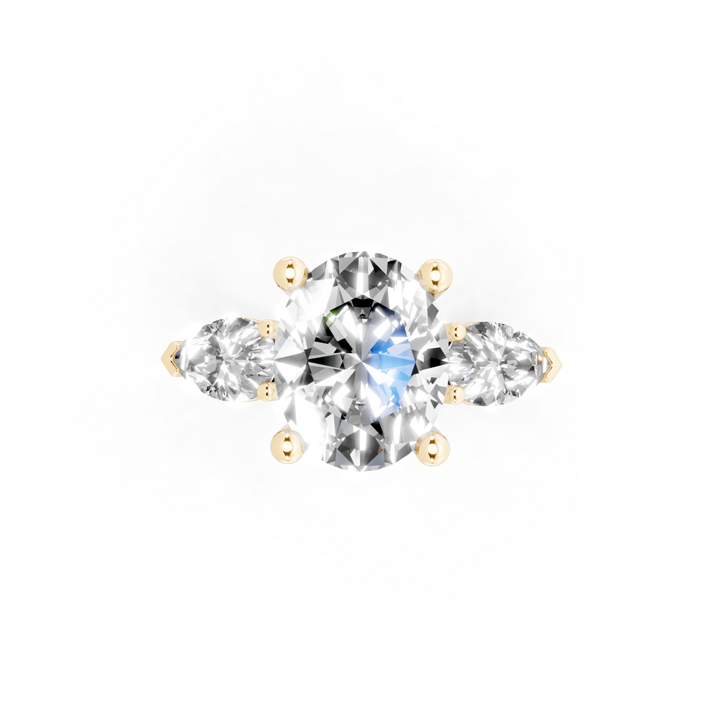 Antique Three Stone Lab Created Diamond Ring with Sculpted Round Center & Pear Side Accents