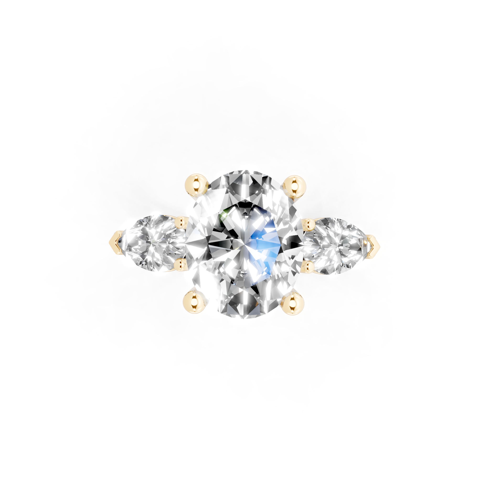 Antique Three Stone Lab Created Diamond Ring with Sculpted Round Center & Pear Side Accents