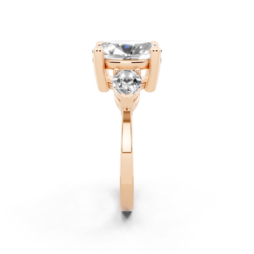Antique Three Stone Lab Created Diamond Ring with Sculpted Round Center & Pear Side Accents