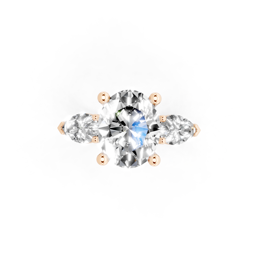 Antique Three Stone Lab Created Diamond Ring with Sculpted Round Center & Pear Side Accents