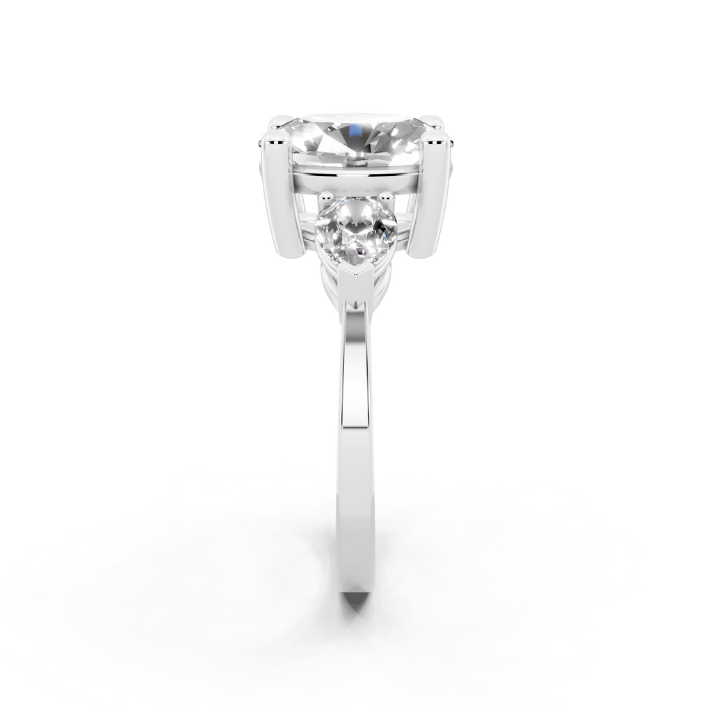 Antique Three Stone Lab Created Diamond Ring with Sculpted Round Center & Pear Side Accents