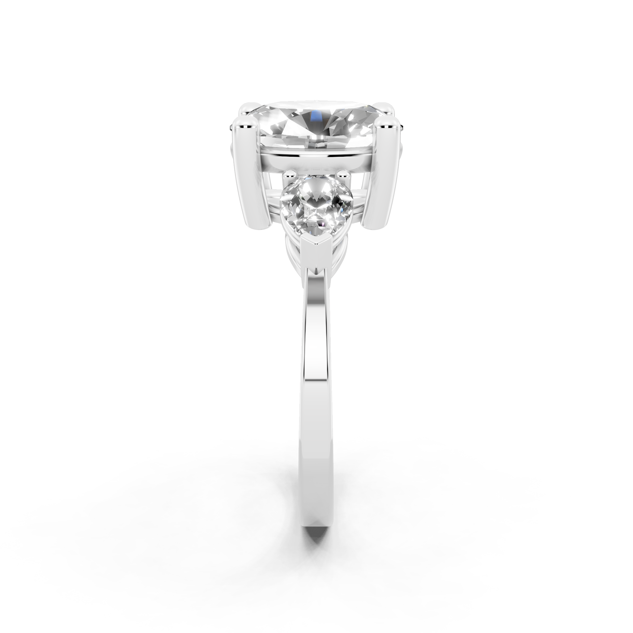 Antique Three Stone Lab Created Diamond Ring with Sculpted Round Center & Pear Side Accents