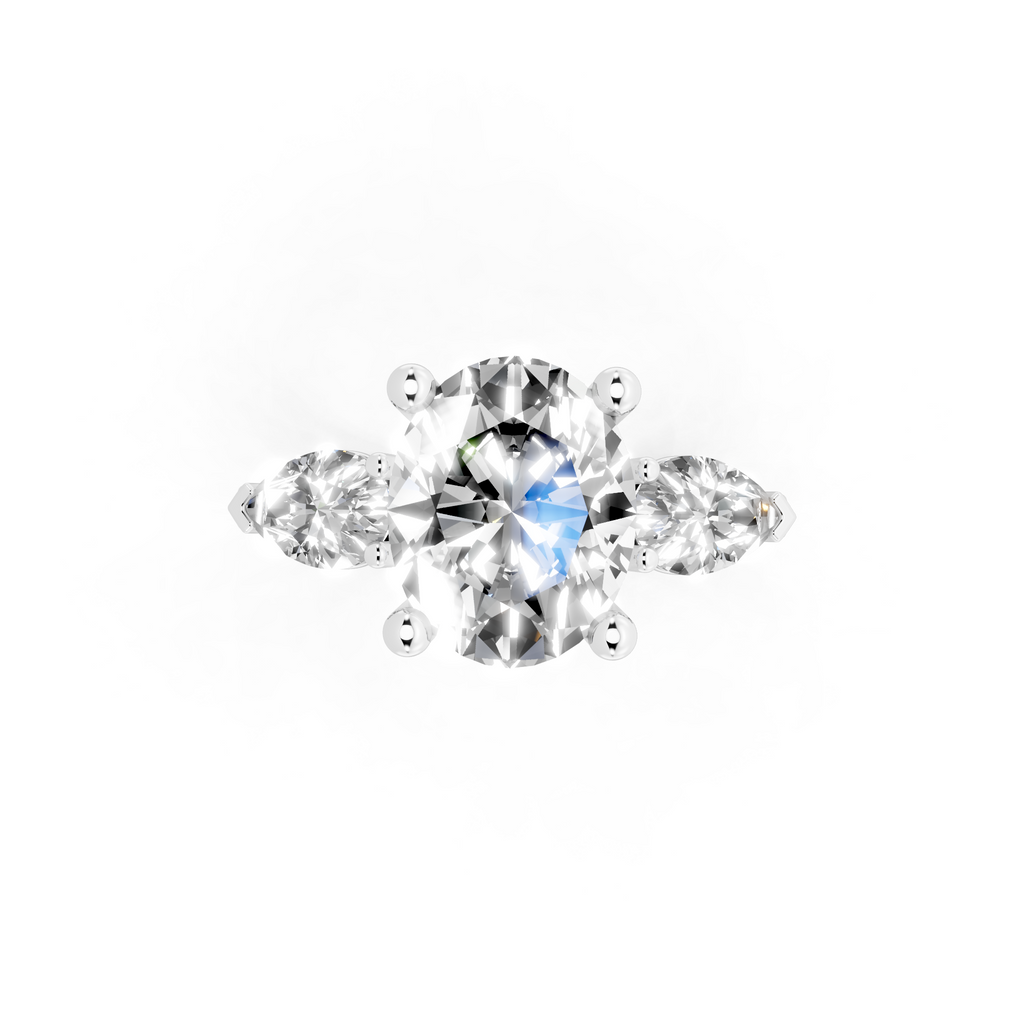 Antique Three Stone Lab Created Diamond Ring with Sculpted Round Center & Pear Side Accents