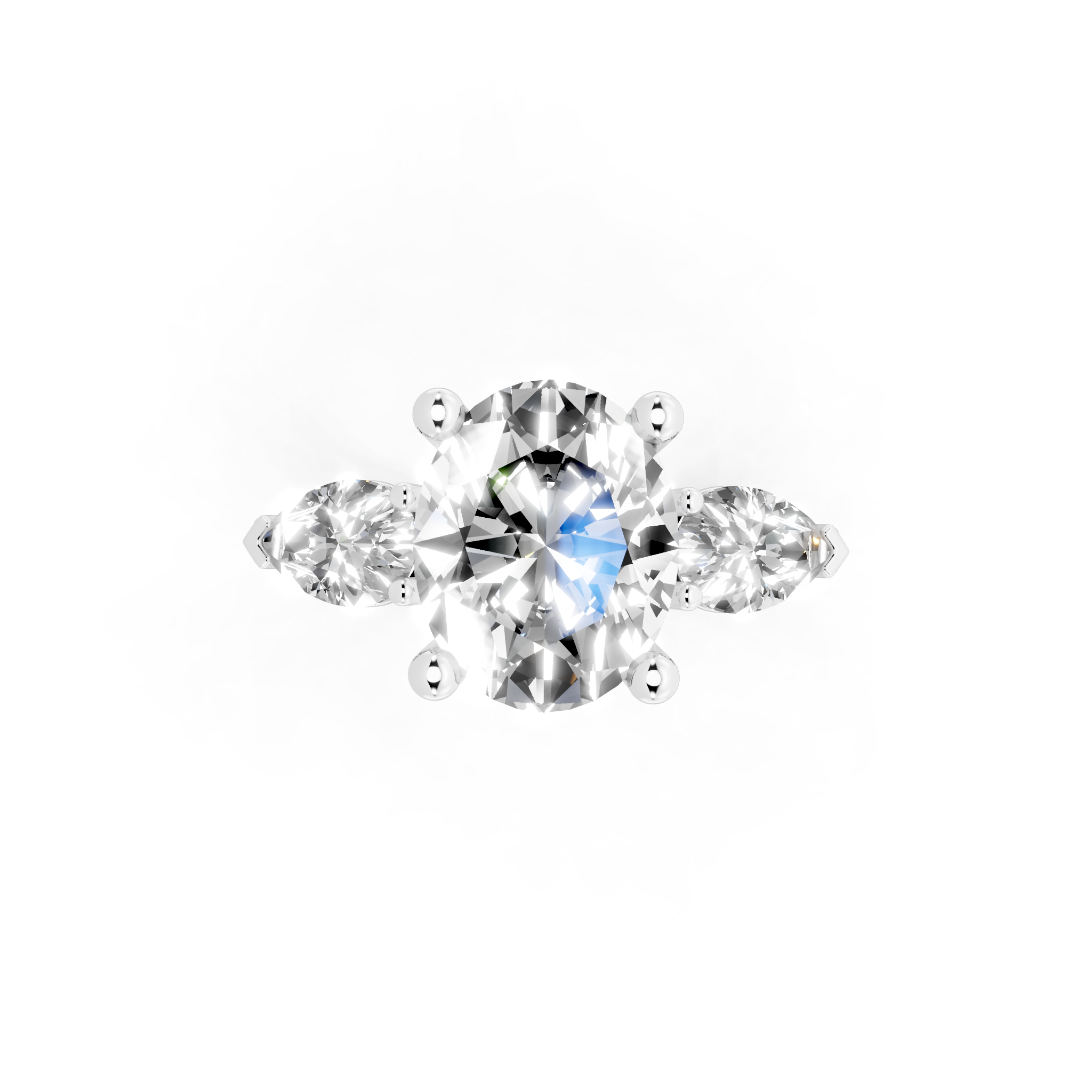 Antique Three Stone Lab Created Diamond Ring with Sculpted Round Center & Pear Side Accents