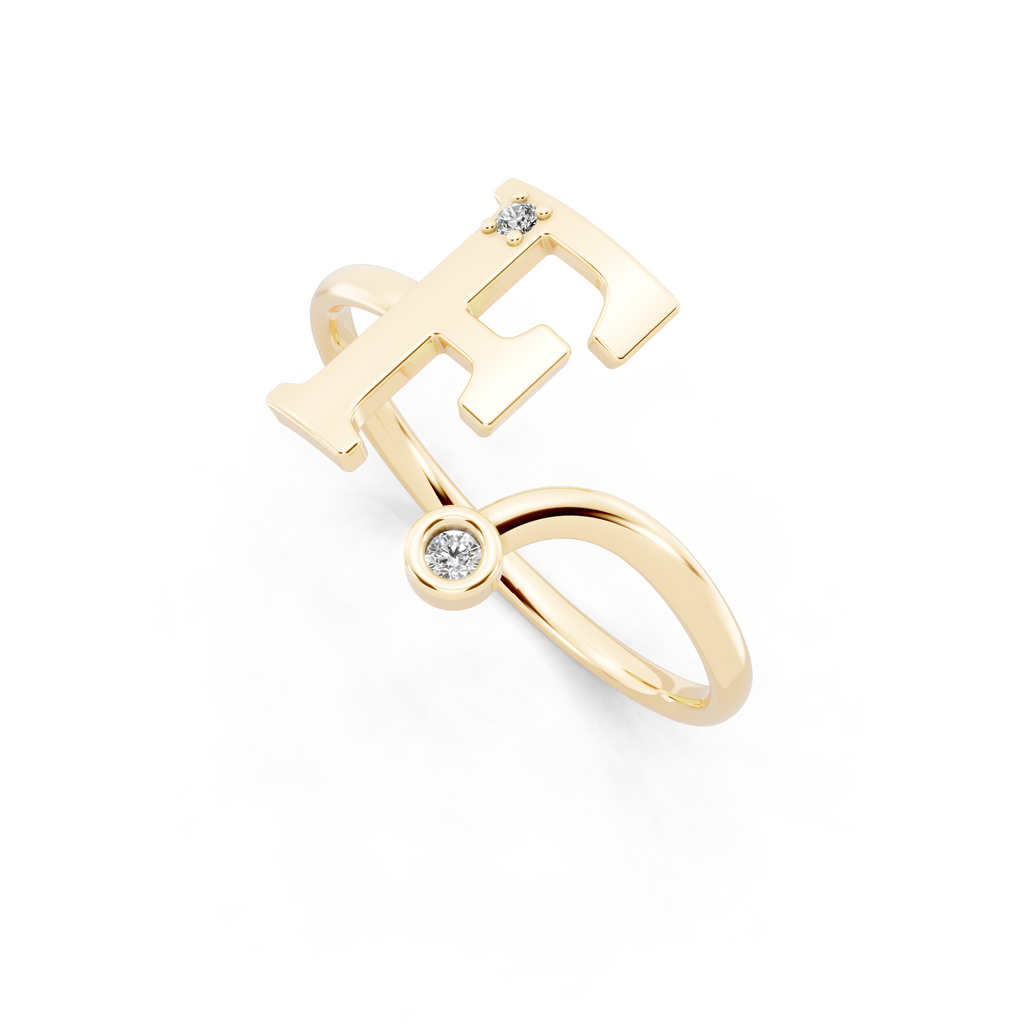 Elegant F Initial Ring with Round Lab Grown Diamond Accent Stones and Sculptural Open Design