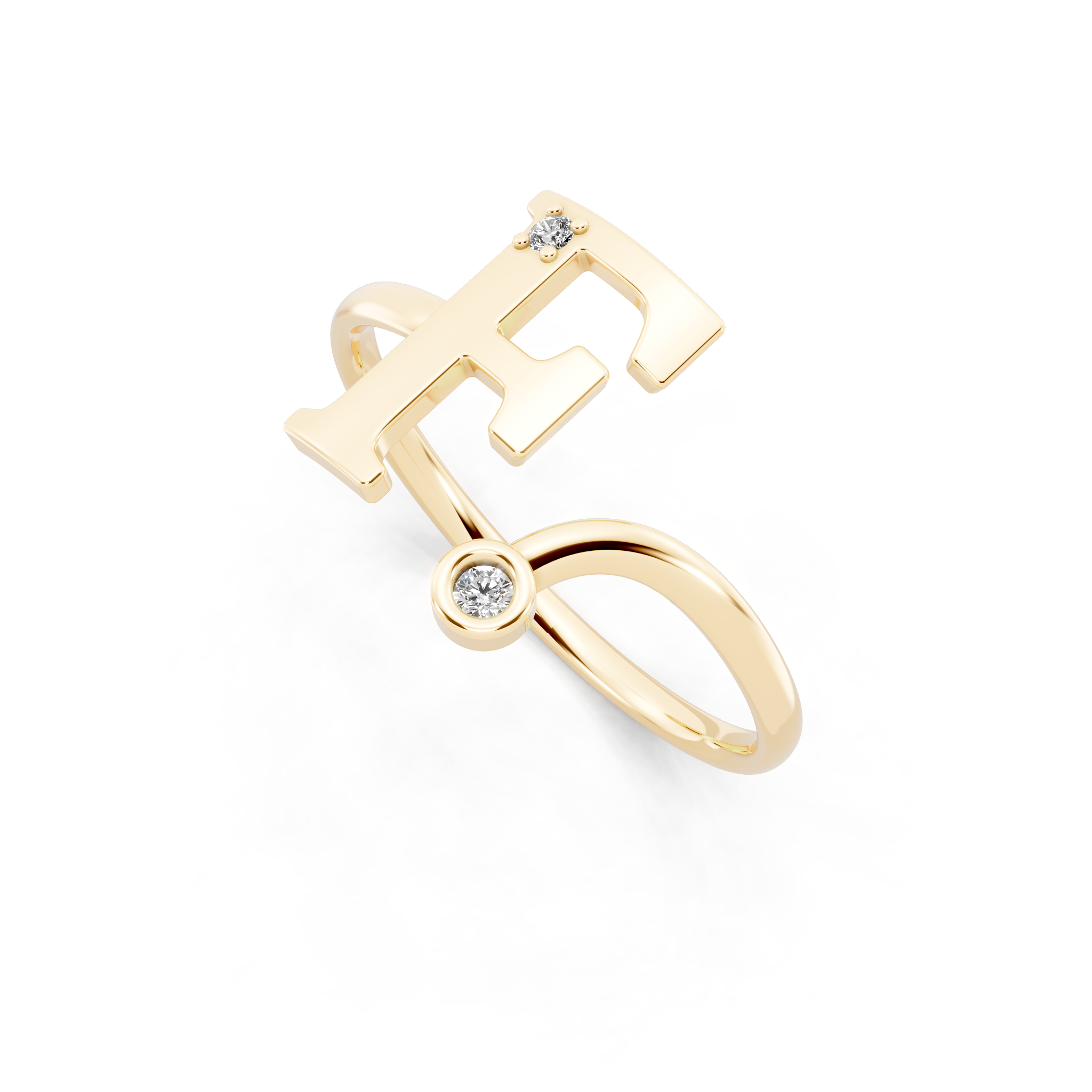 Elegant F Initial Ring with Round Lab Grown Diamond Accent Stones and Sculptural Open Design