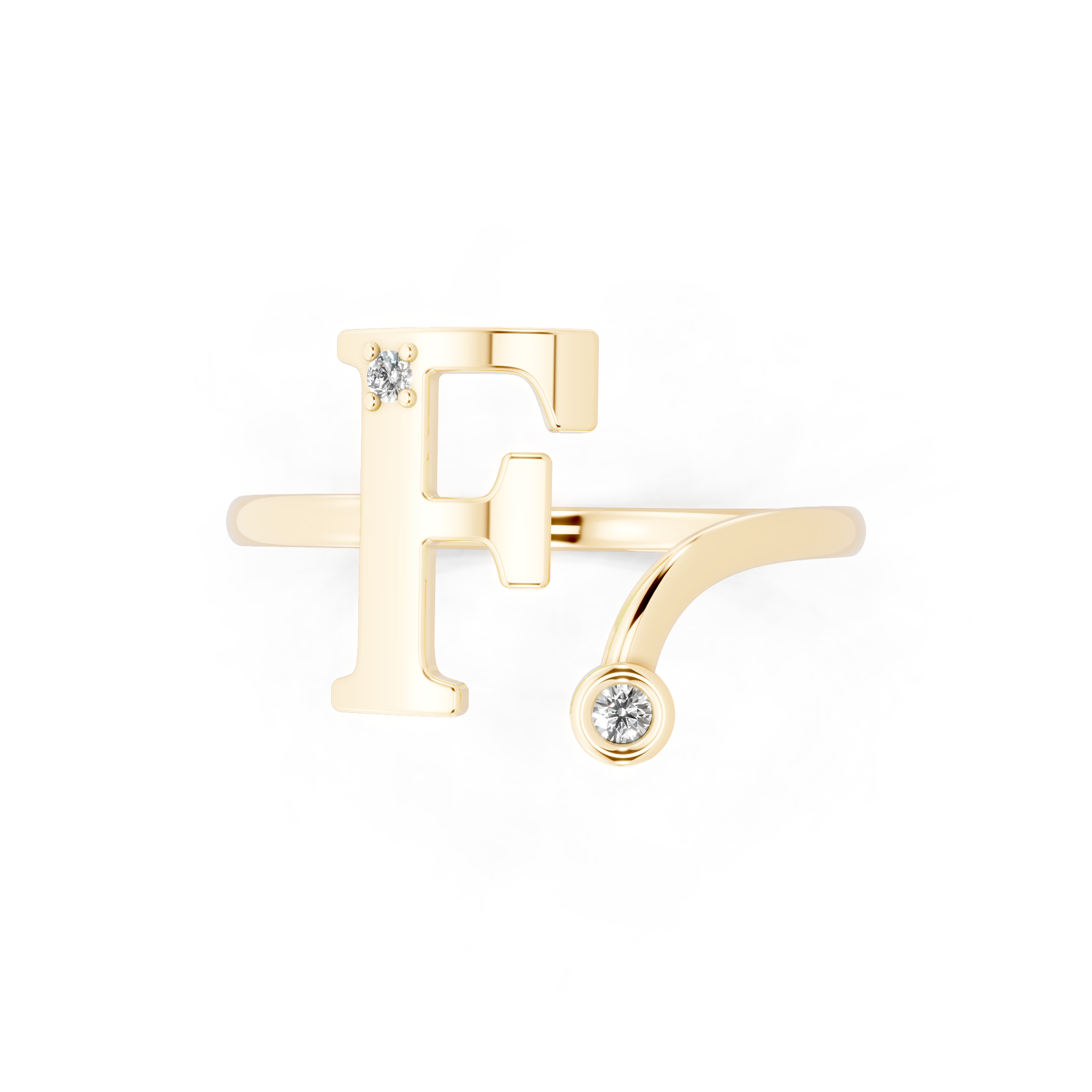Elegant F Initial Ring with Round Lab Grown Diamond Accent Stones and Sculptural Open Design