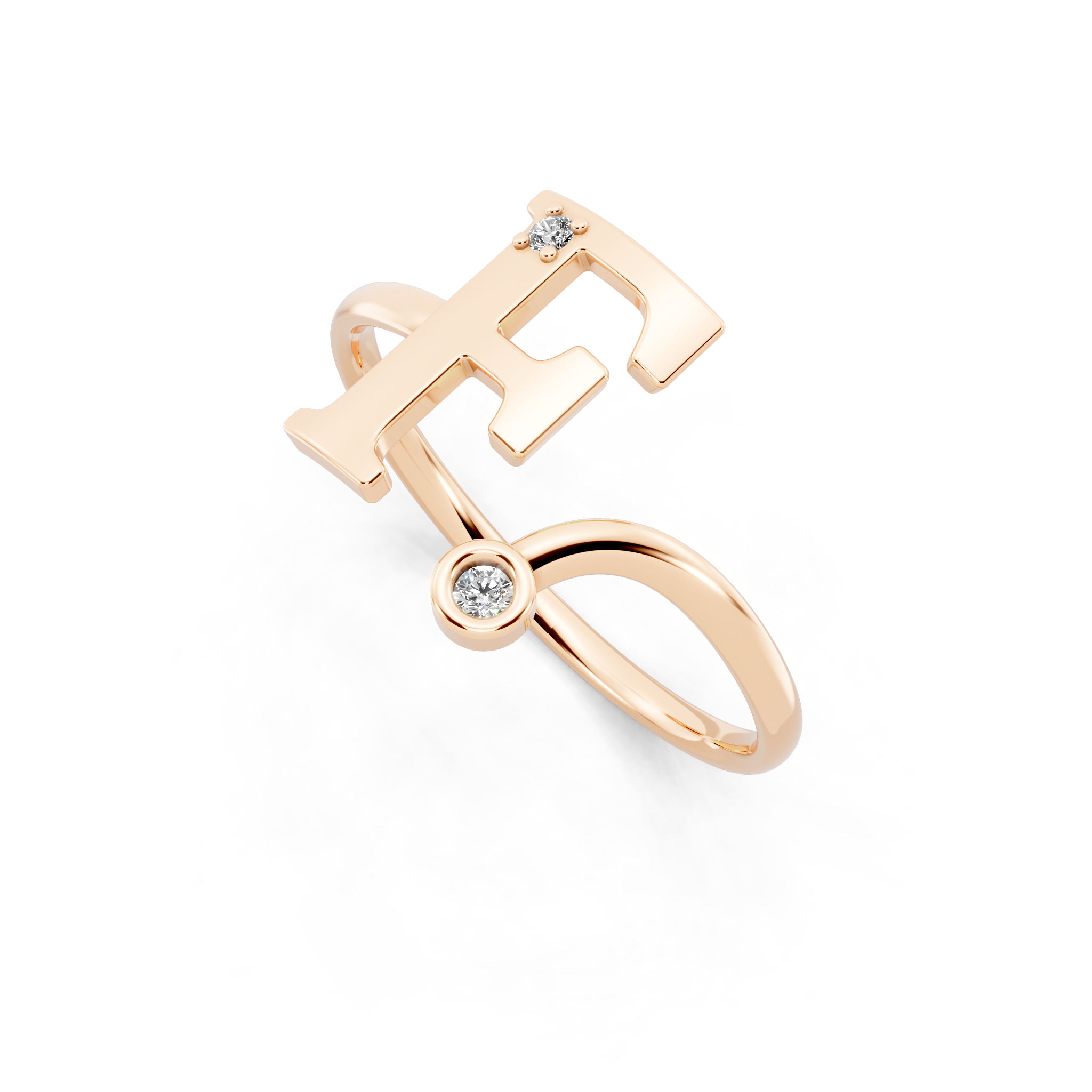 Elegant F Initial Ring with Round Lab Grown Diamond Accent Stones and Sculptural Open Design