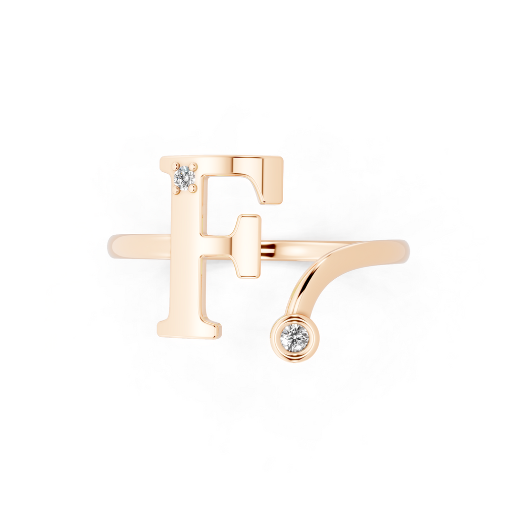 Elegant F Initial Ring with Round Lab Grown Diamond Accent Stones and Sculptural Open Design