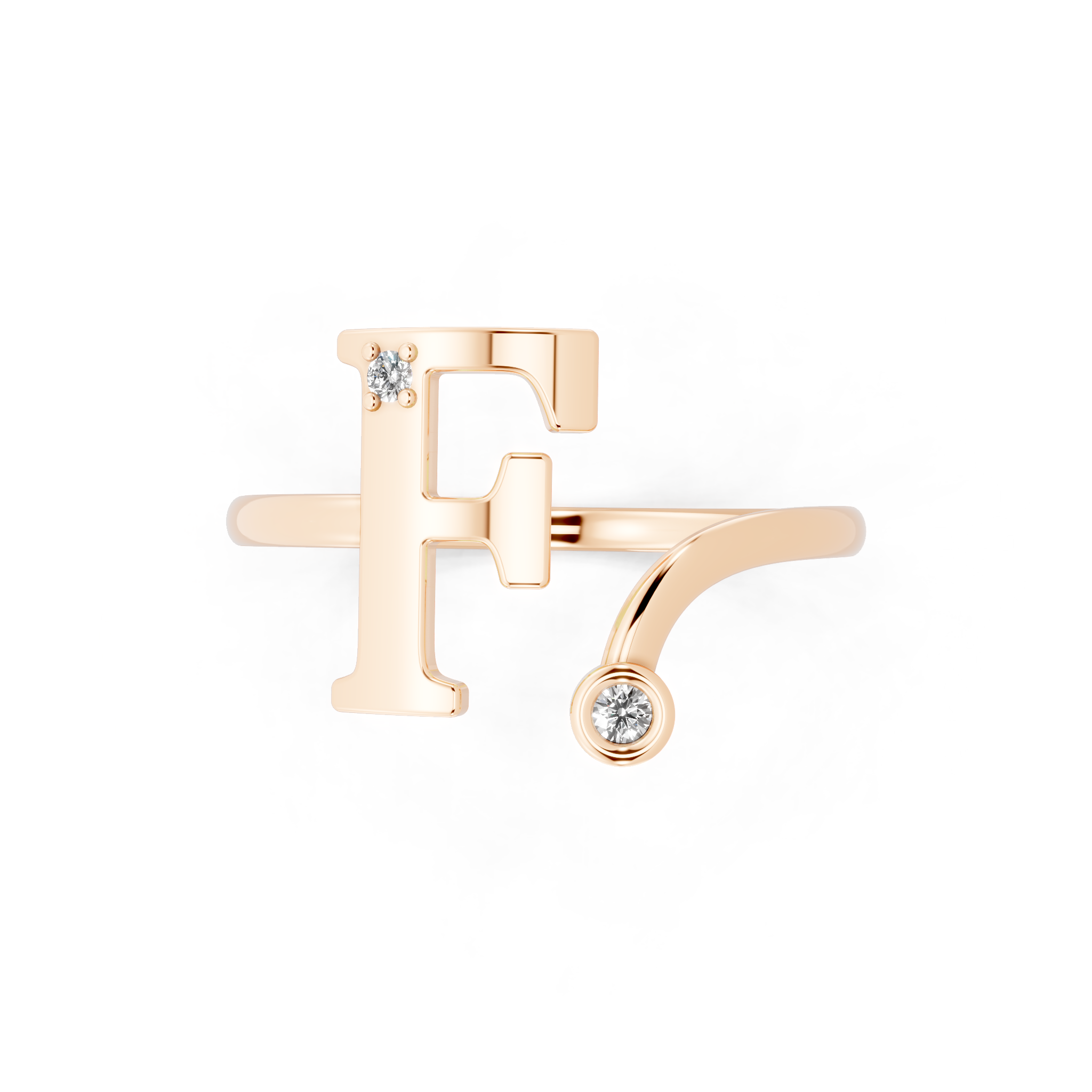 Elegant F Initial Ring with Round Lab Grown Diamond Accent Stones and Sculptural Open Design