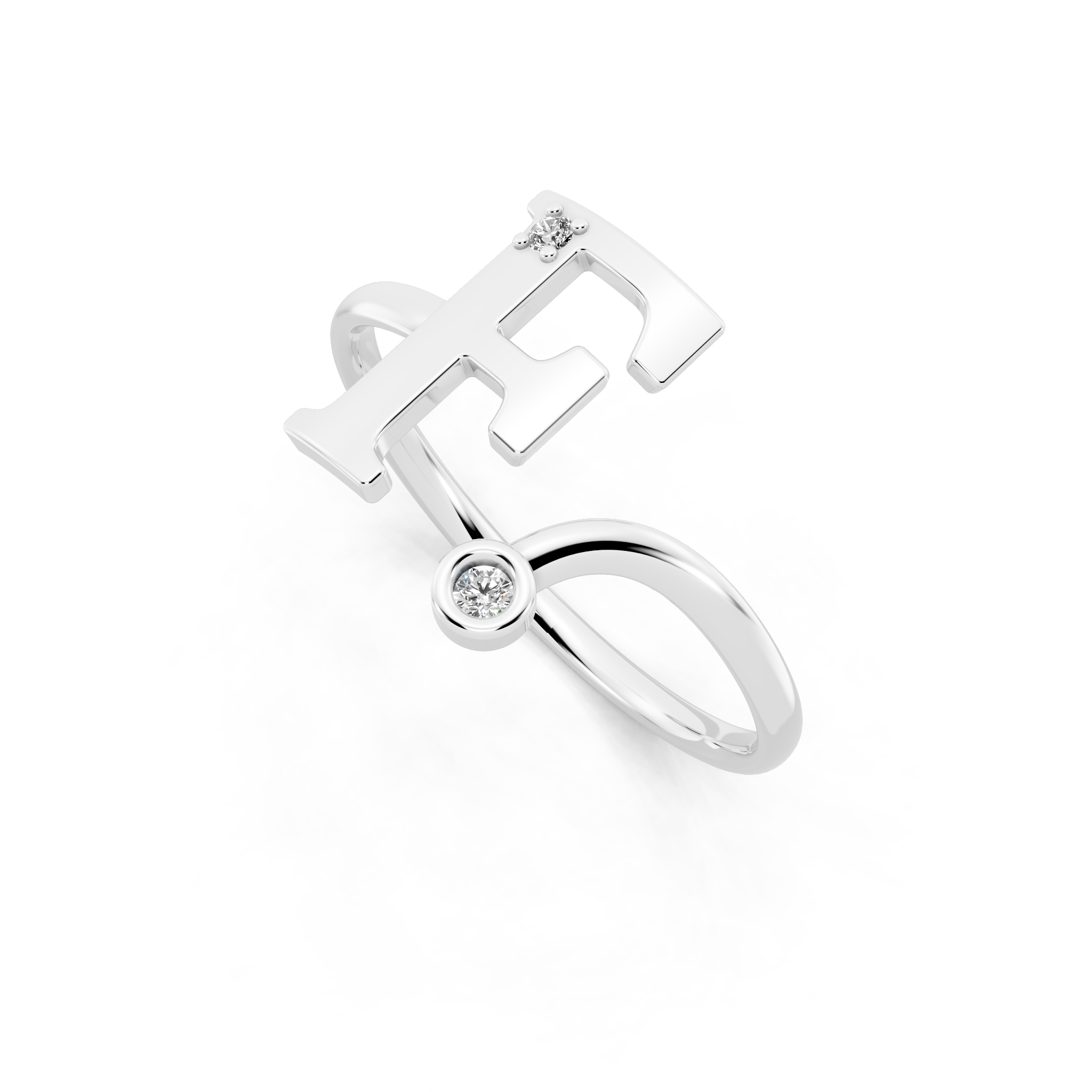 Elegant F Initial Ring with Round Lab Grown Diamond Accent Stones and Sculptural Open Design