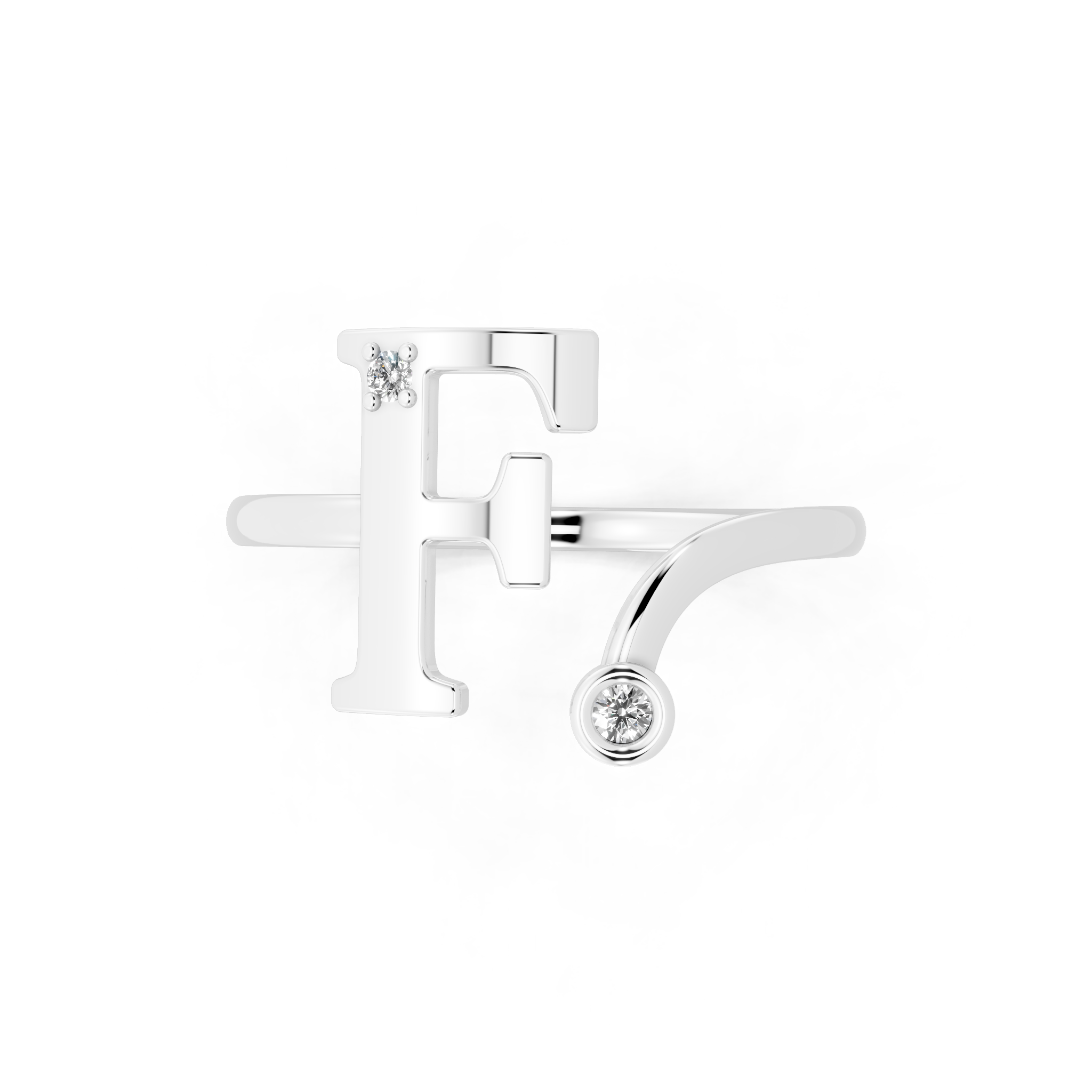 Elegant F Initial Ring with Round Lab Grown Diamond Accent Stones and Sculptural Open Design