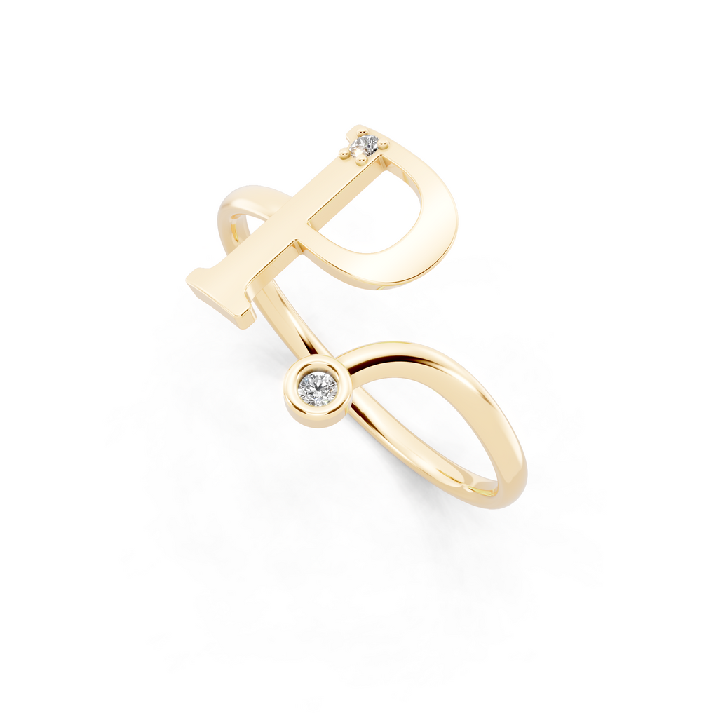 Modern Open Letter Ring in Yellow, White, Rose Gold with Sparkling Accent Stones