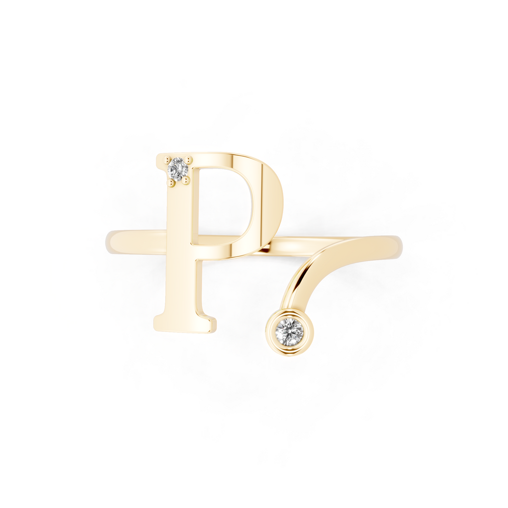 Modern Open Letter Ring in Yellow, White, Rose Gold with Sparkling Accent Stones