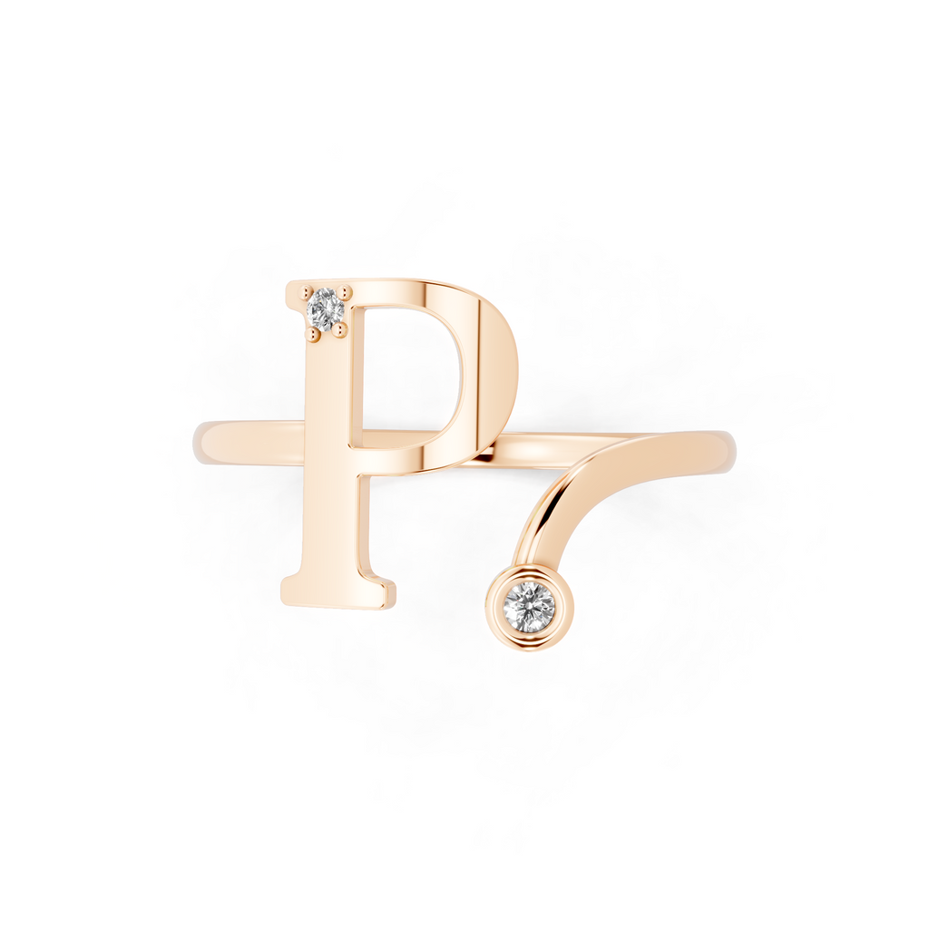 Modern Open Letter Ring in Yellow, White, Rose Gold with Sparkling Accent Stones