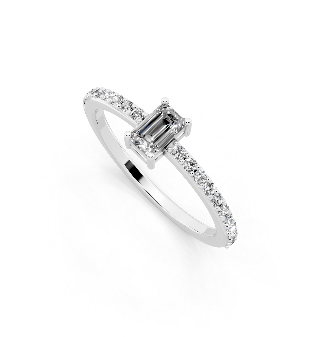 Delicate Emerald Cut Lab Grown Diamond Engagement Ring with Pave Band