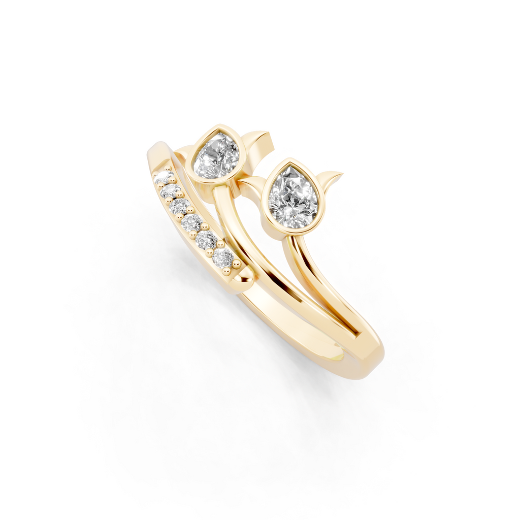 Modern Pear Cut Lab Grown Diamond Open Bypass Ring with Side Round Cut Accents