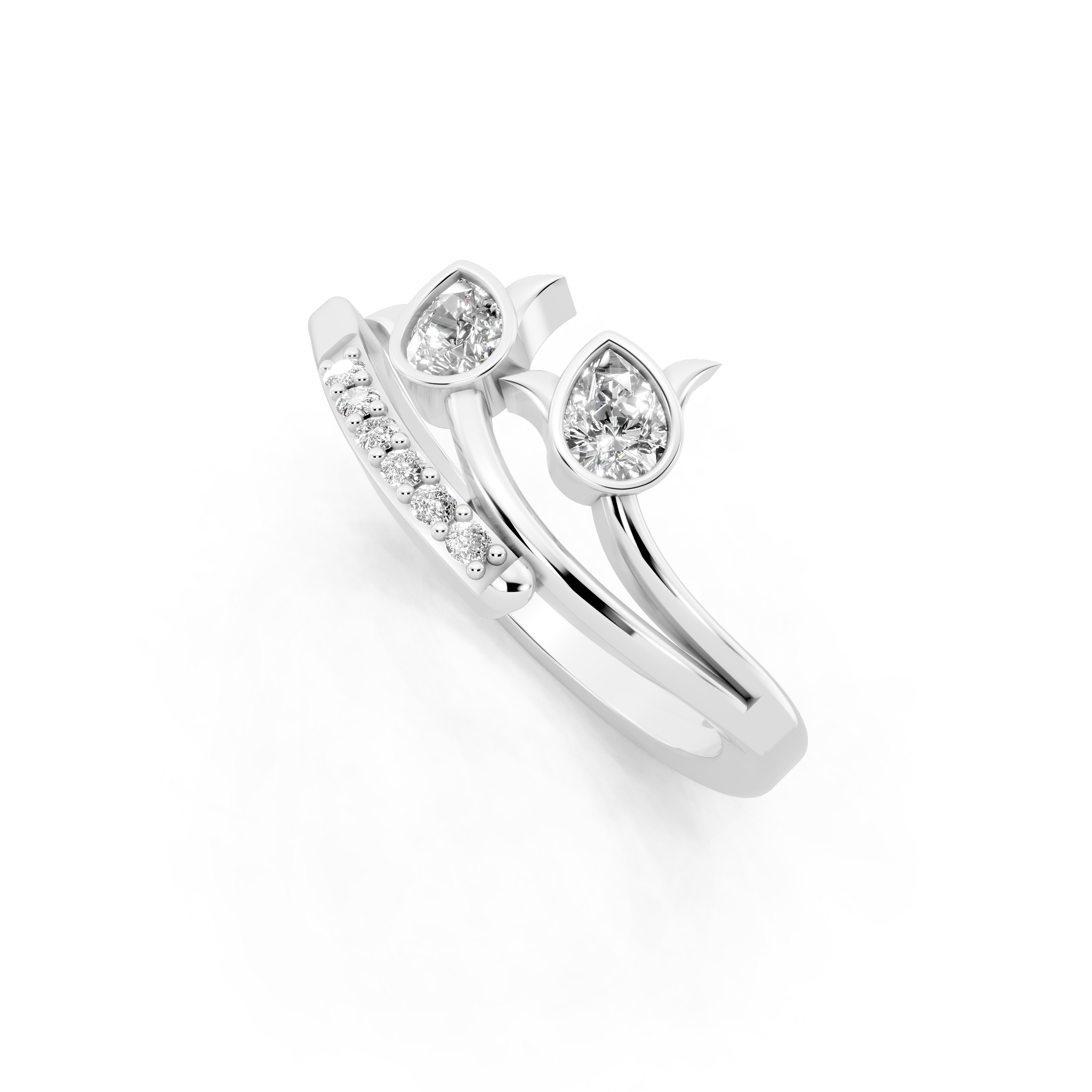 Modern Pear Cut Lab Grown Diamond Open Bypass Ring with Side Round Cut Accents