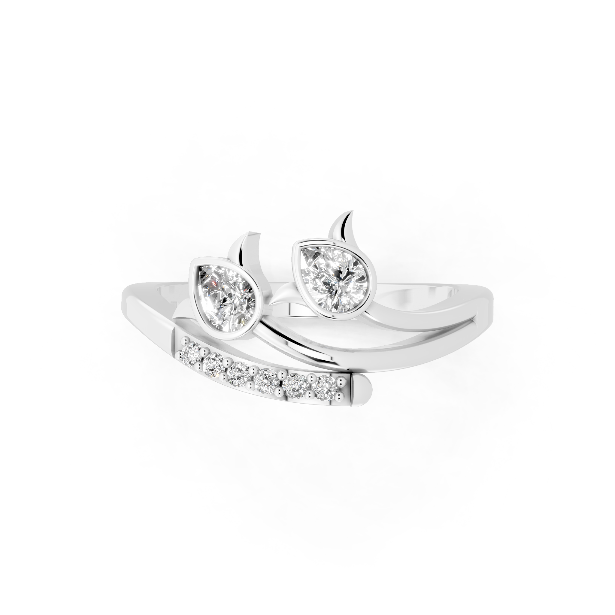 Modern Pear Cut Lab Grown Diamond Open Bypass Ring with Side Round Cut Accents