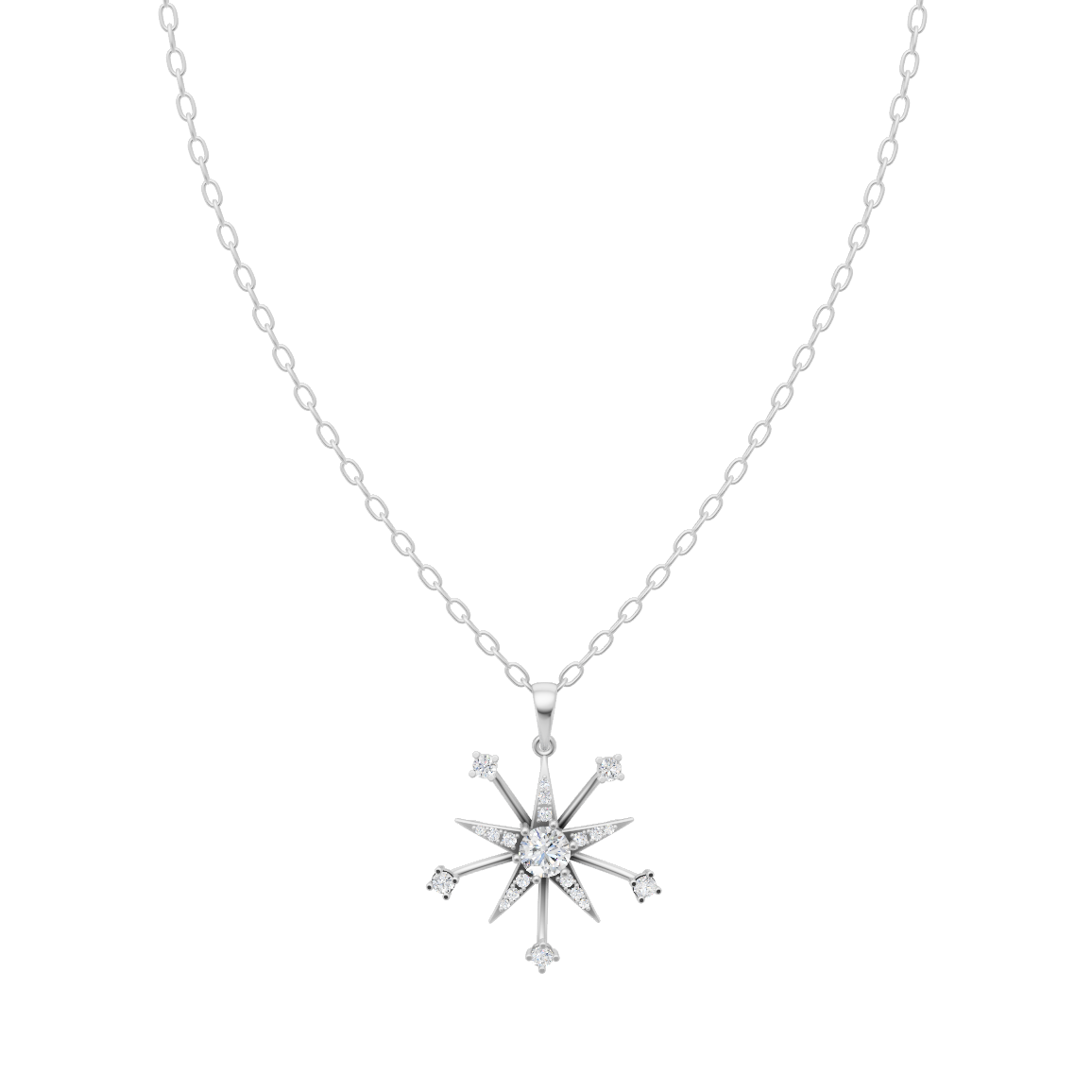 Starburst Compass Pendant Necklace in Gold with Round Center Lab Grown Stone