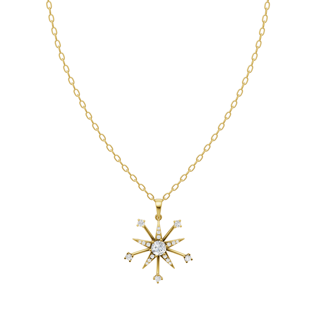 Starburst Compass Pendant Necklace in Gold with Round Center Lab Grown Stone