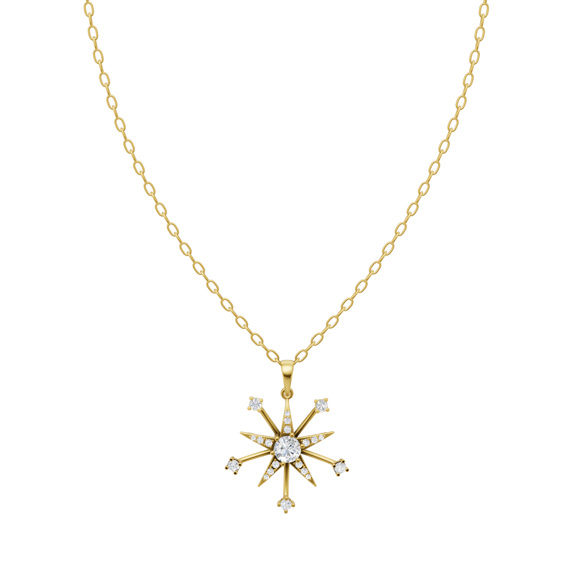 Starburst Compass Pendant Necklace in Gold with Round Center Lab Grown Stone