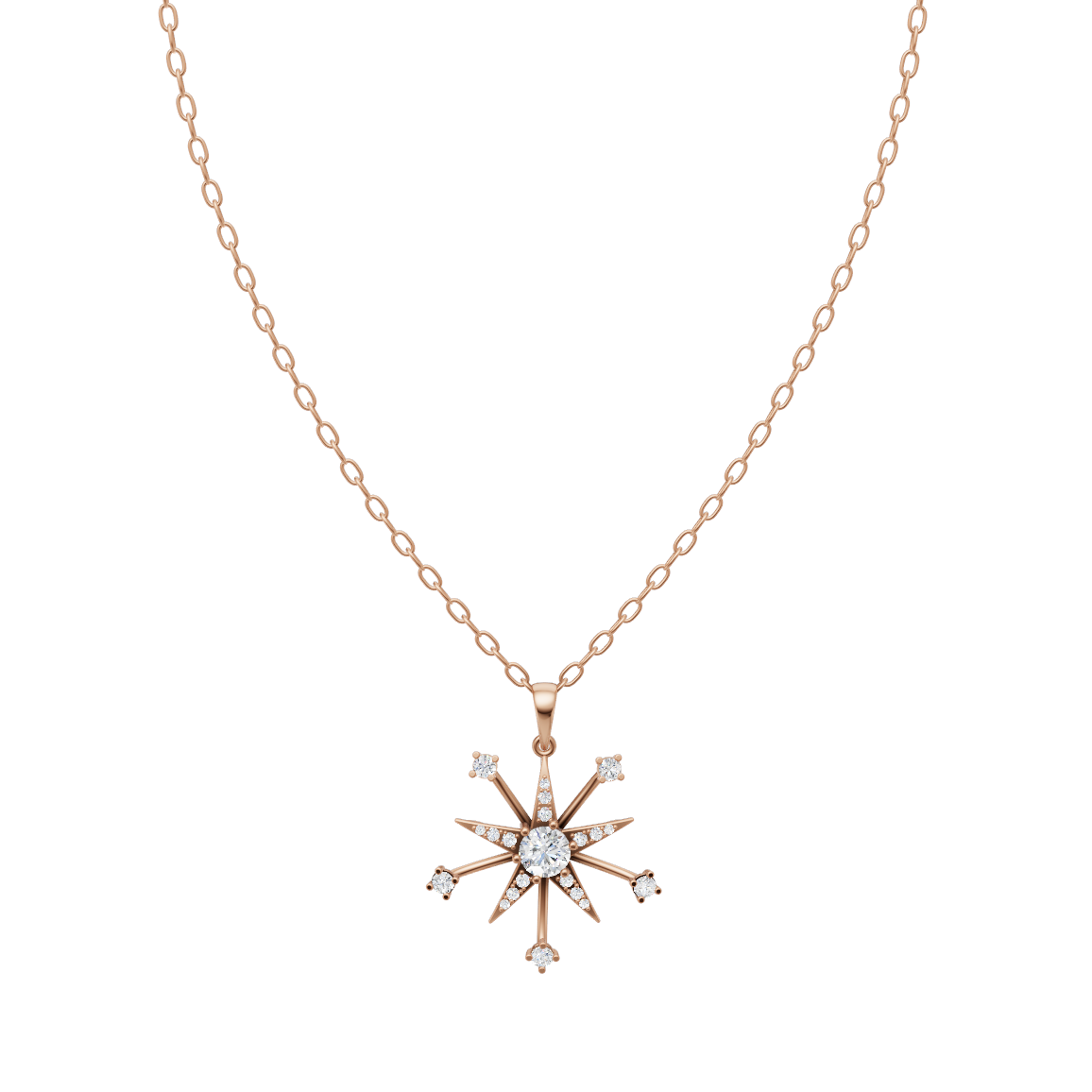Starburst Compass Pendant Necklace in Gold with Round Center Lab Grown Stone
