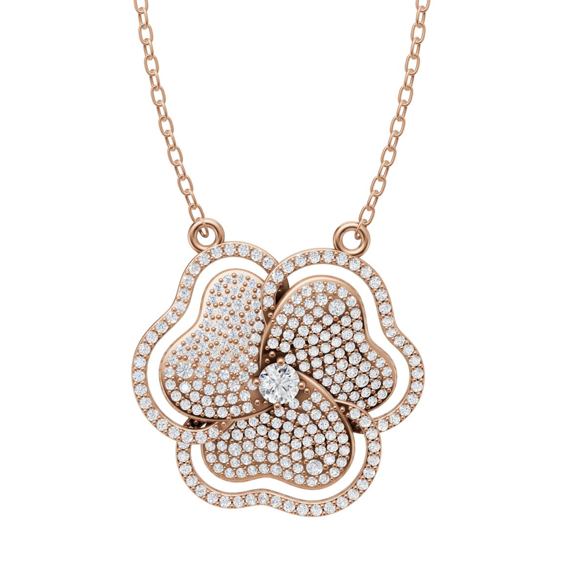 Premium Floral White, Rose, Gold Tone Pave Pendant Necklace with Round Cut Lab Grown Accents