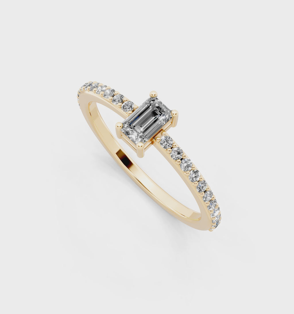 Delicate Emerald Cut Lab Grown Diamond Engagement Ring with Pave Band
