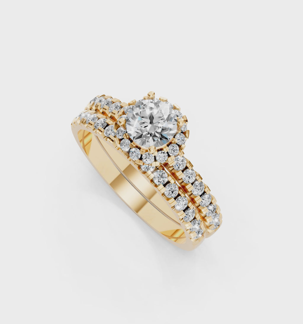 Luxury Round Cut Lab Grown Diamond Halo Engagement Ring with Double Pave Band