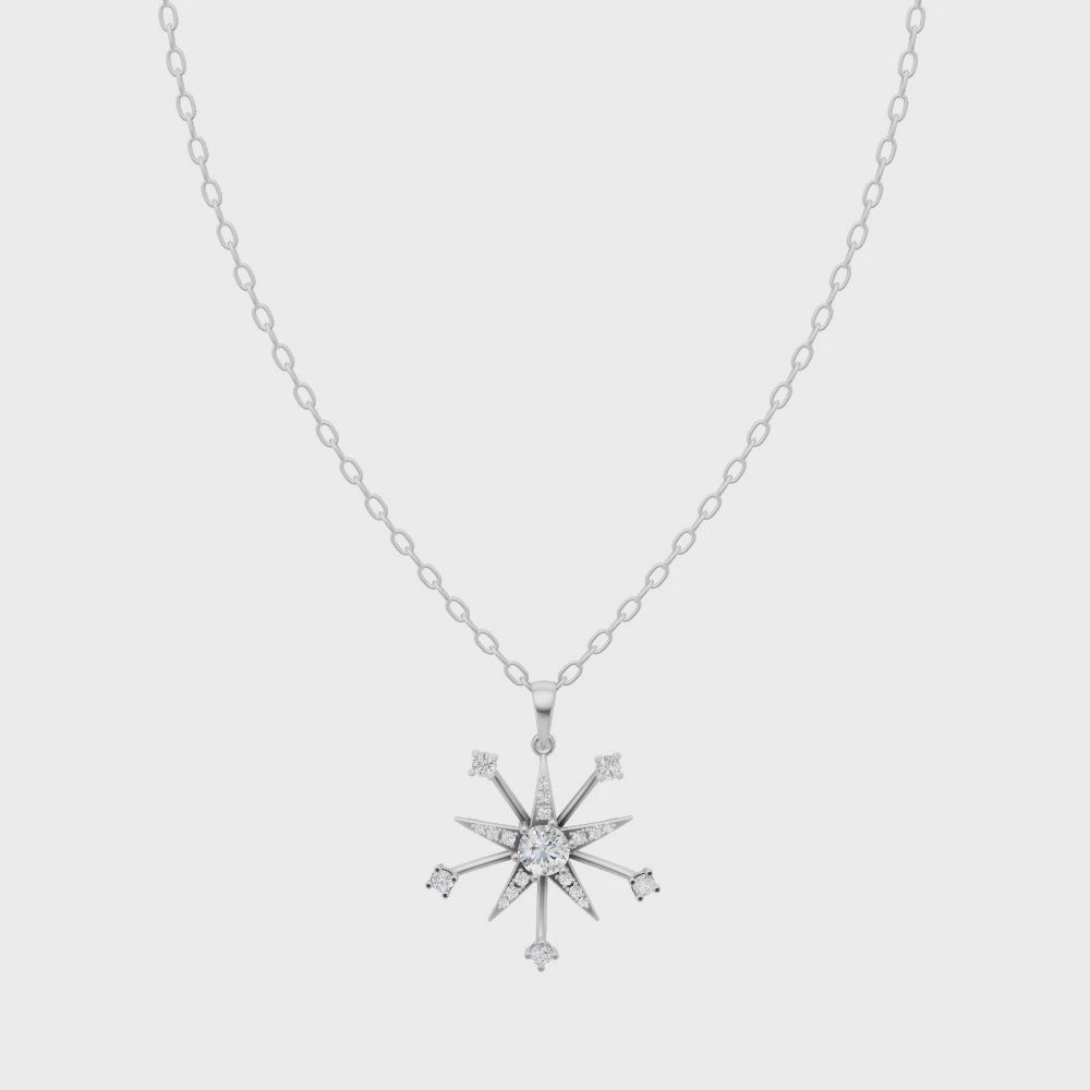 Starburst Compass Pendant Necklace in Gold with Round Center Lab Grown Stone