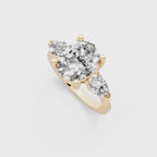 Antique Three Stone Lab Created Diamond Ring with Sculpted Round Center & Pear Side Accents