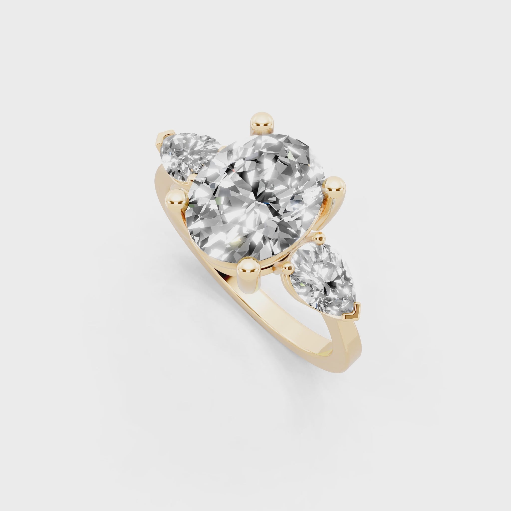 Antique Three Stone Lab Created Diamond Ring with Sculpted Round Center & Pear Side Accents