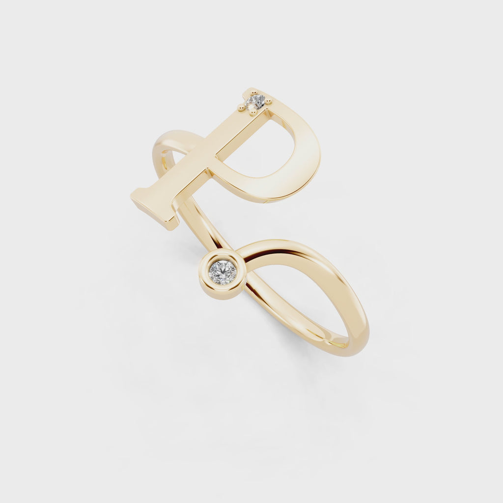 Modern Open Letter Ring in Yellow, White, Rose Gold with Sparkling Accent Stones