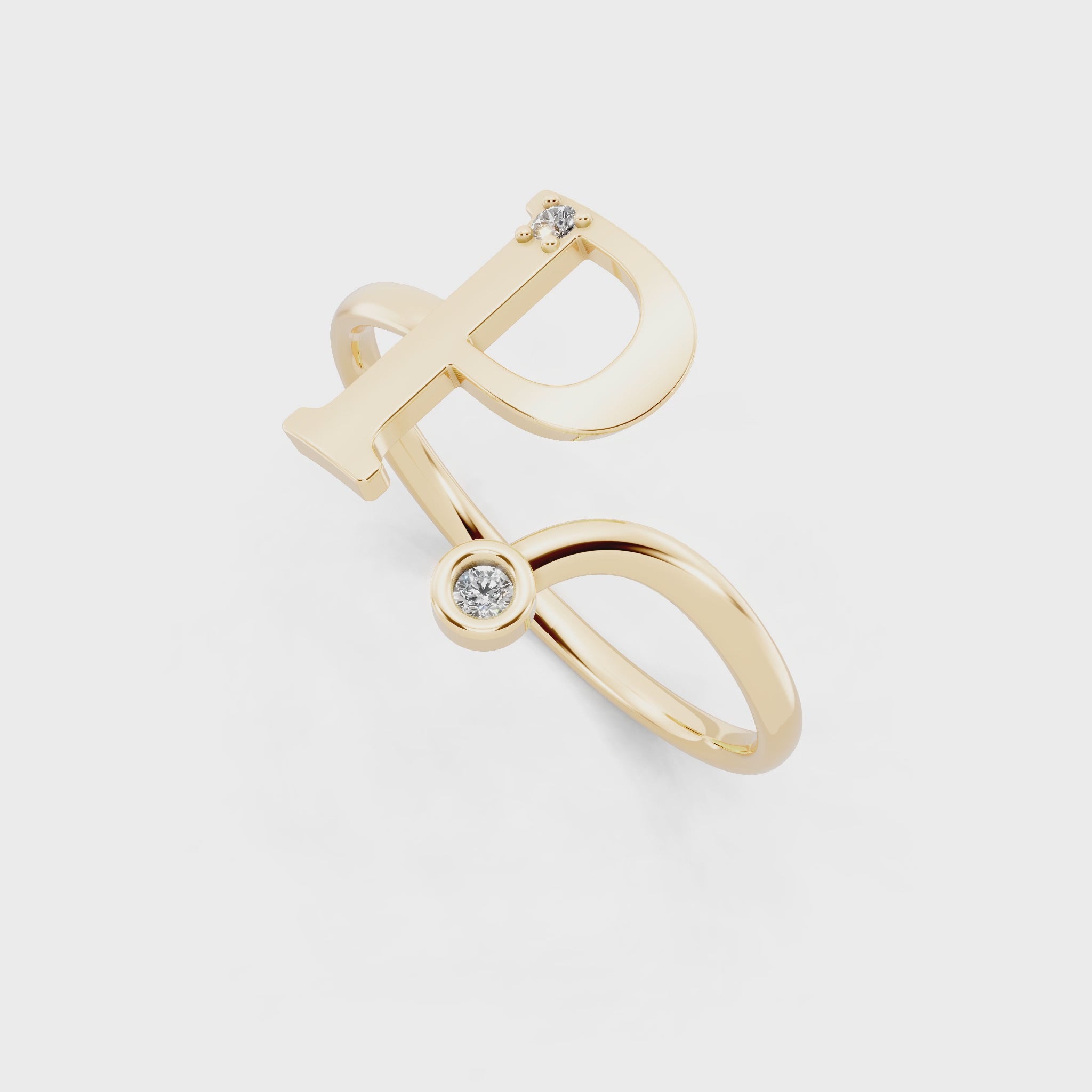 Modern Open Letter Ring in Yellow, White, Rose Gold with Sparkling Accent Stones