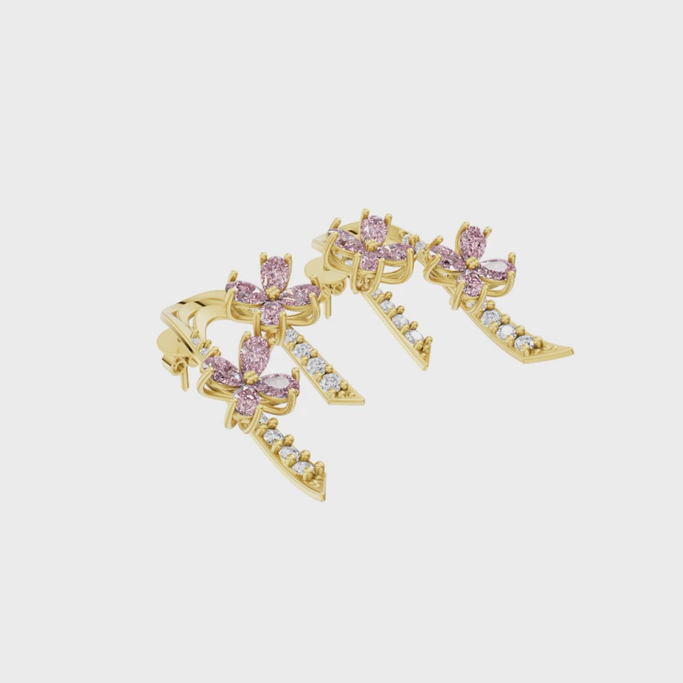 Luxury-Inspired Golden Floral Cluster Earrings with Pink Pear Shaped Lab Created Diamond by Lume Jewels