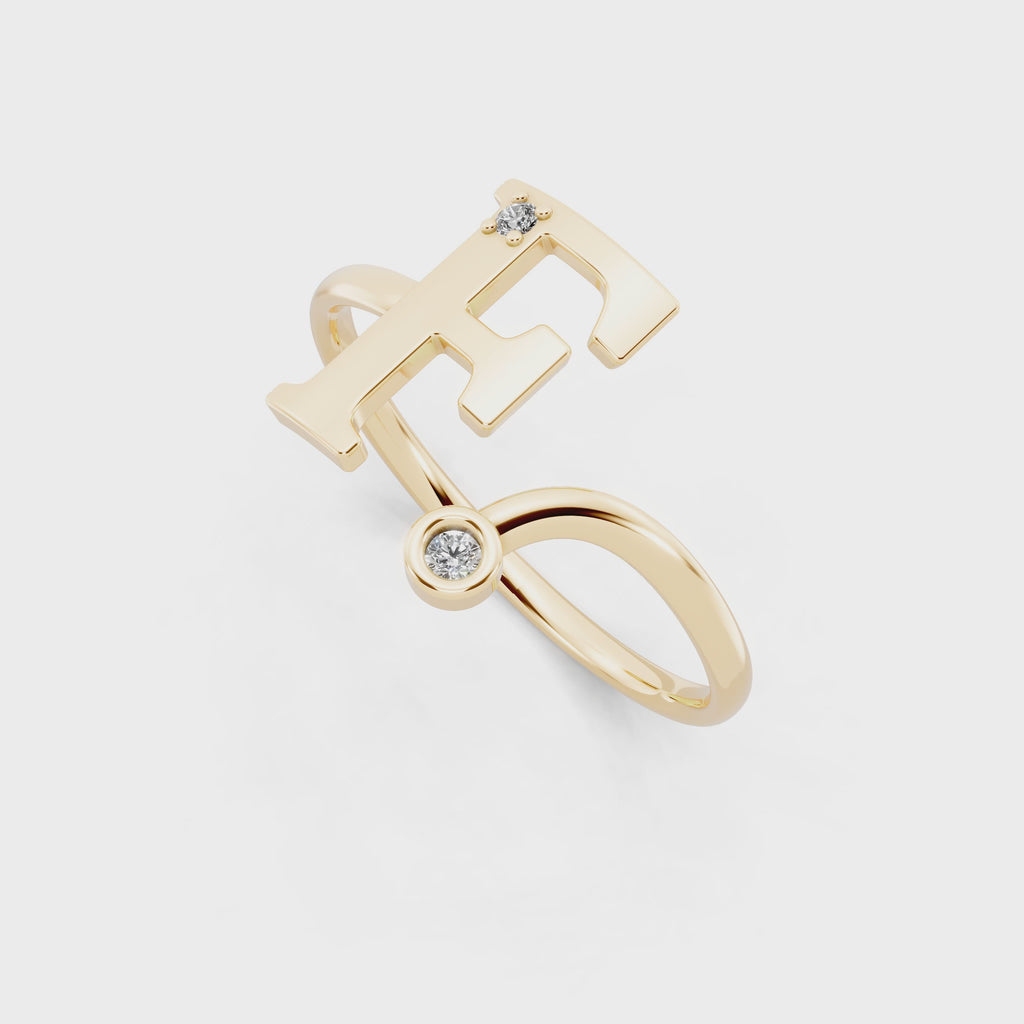 Elegant F Initial Ring with Round Lab Grown Diamond Accent Stones and Sculptural Open Design