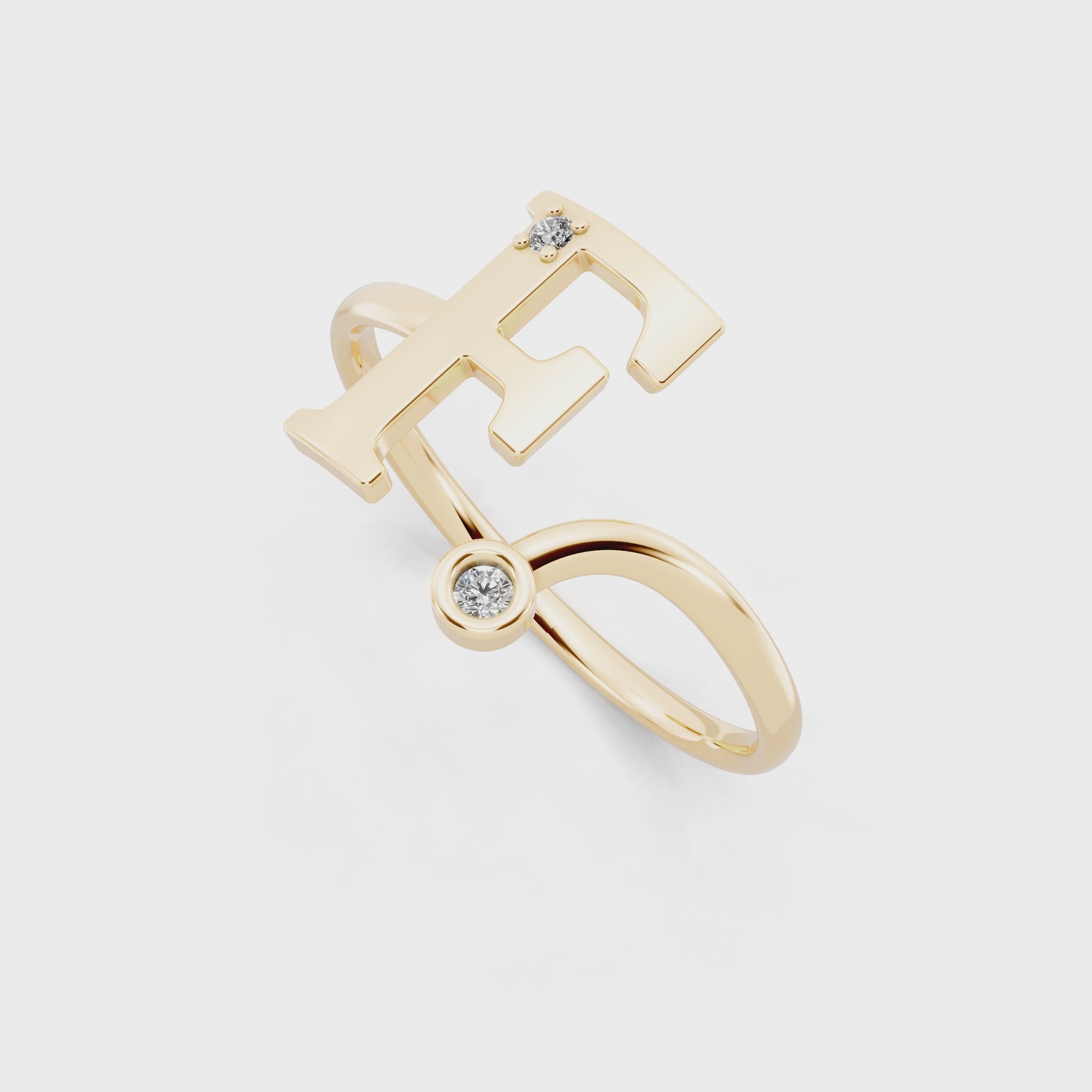 Elegant F Initial Ring with Round Lab Grown Diamond Accent Stones and Sculptural Open Design