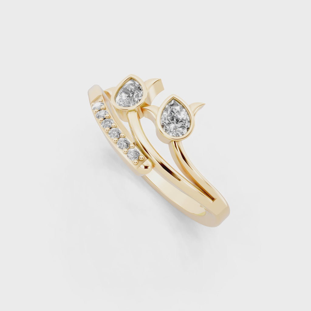 Modern Pear Cut Lab Grown Diamond Open Bypass Ring with Side Round Cut Accents