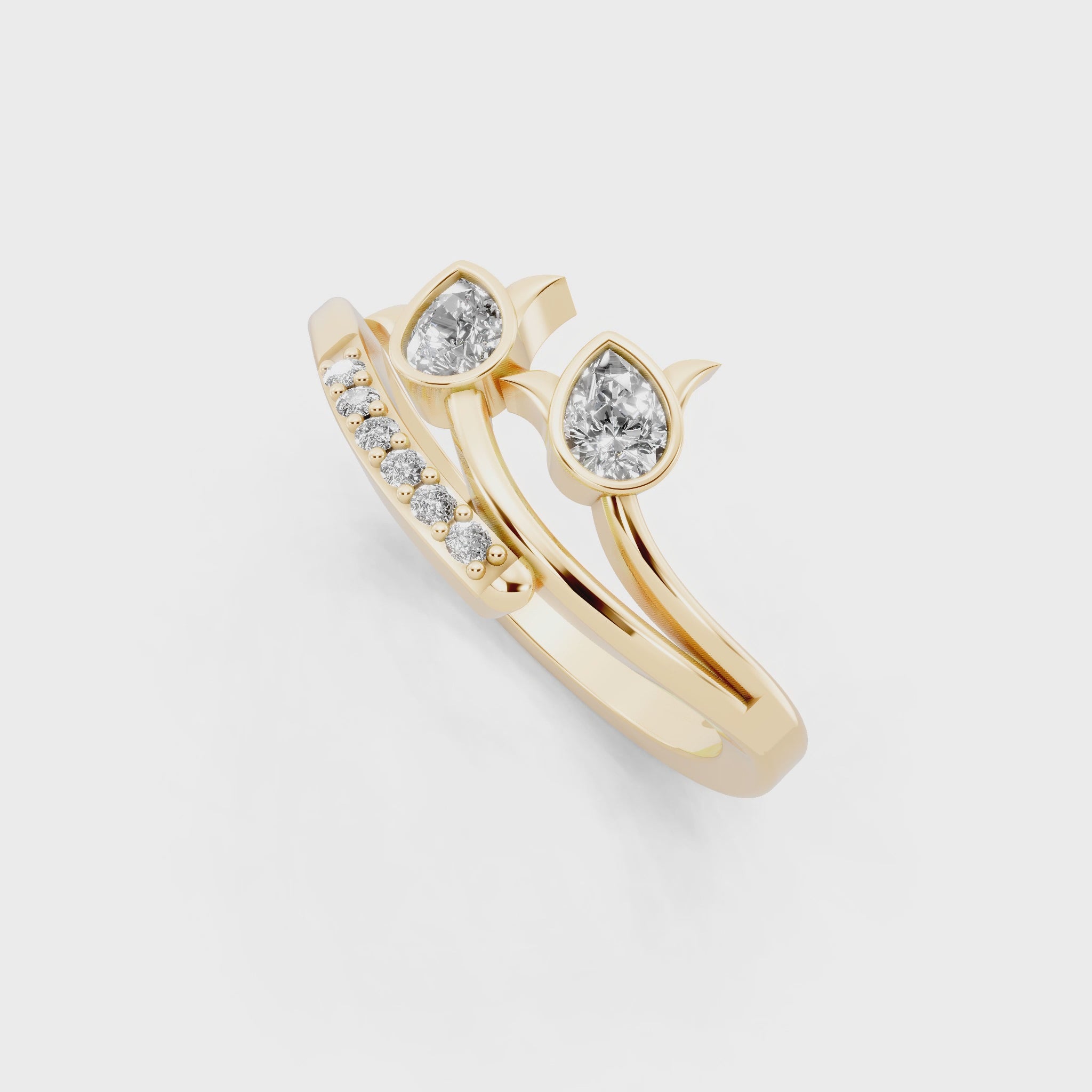 Modern Pear Cut Lab Grown Diamond Open Bypass Ring with Side Round Cut Accents
