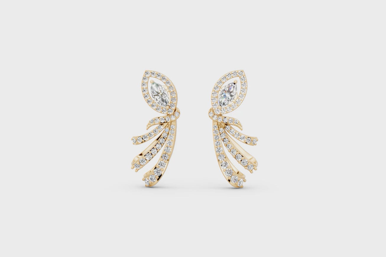 Premium Leaf Drop Stud Marquise Cut Lab Created Diamond Earrings with Pave-Style Sparkle Accents