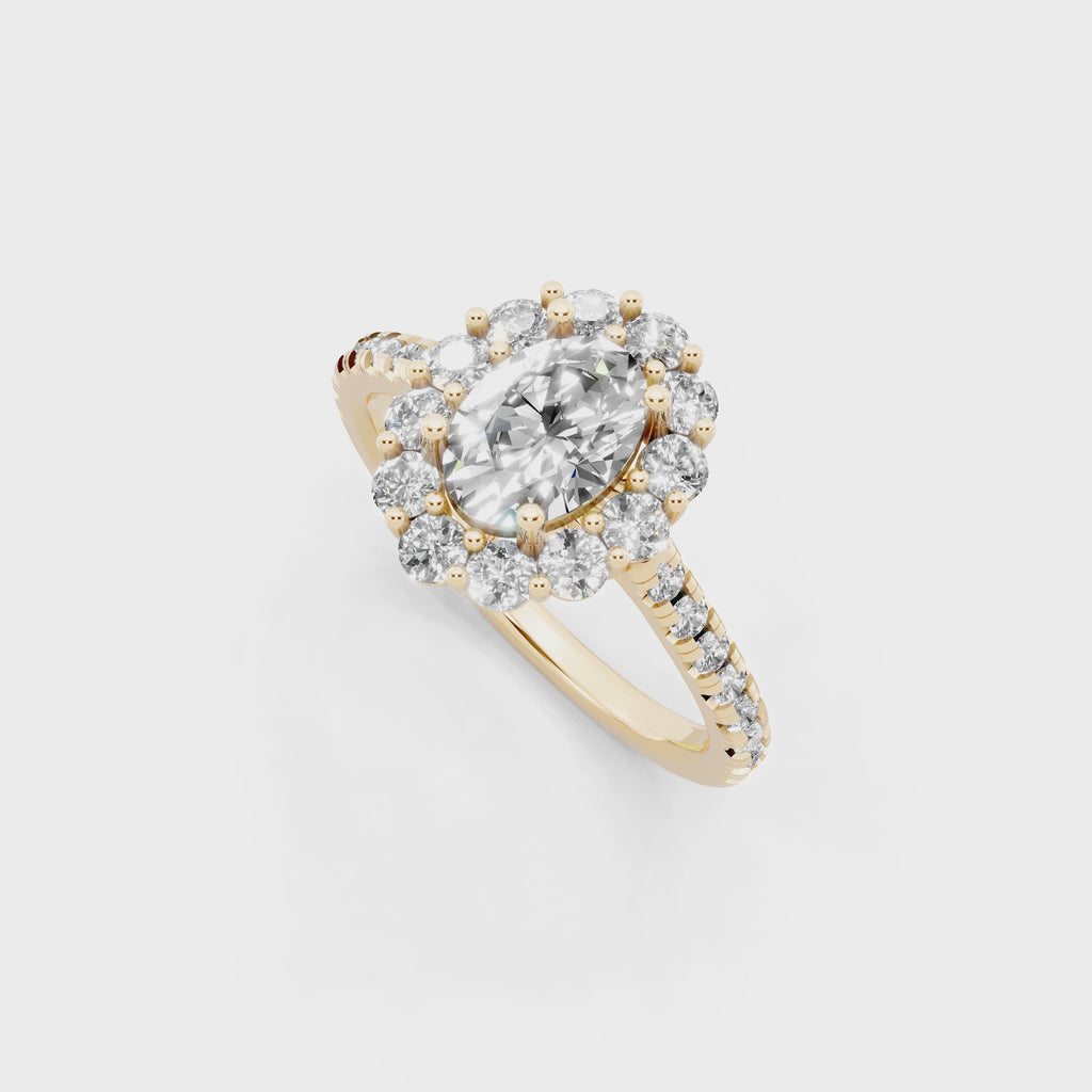 Unique Oval Halo Lab Grown Diamond Engagement Ring with Pave Band