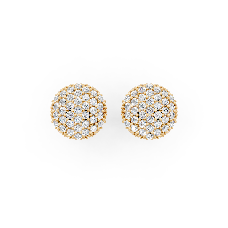 Premium Gold Pave Cluster Button Stud Earrings for Women with Round Brilliant Lab Grown Diamond