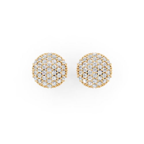 Premium Gold Pave Cluster Button Stud Earrings for Women with Round Brilliant Lab Grown Diamond