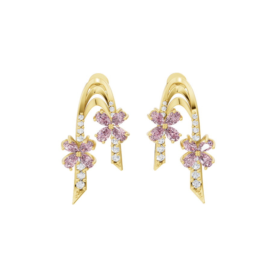 Luxury-Inspired Golden Floral Cluster Earrings with Pink Pear Shaped Lab Created Diamond by Lume Jewels